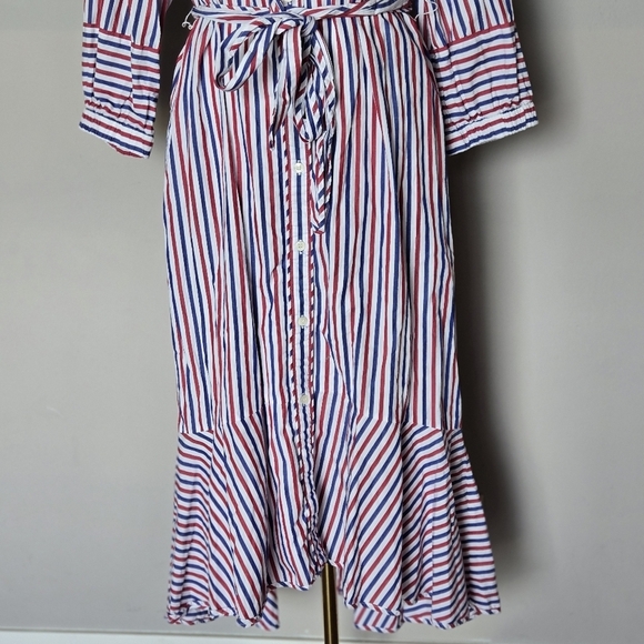 J. Crew Belted Striped Button-Down Shirt Dress Red White Blue Rainbow Resortwear - Picture 6 of 12